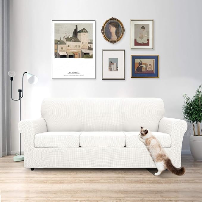 MAXIJIN 4 Piece Couch Covers for 3 Cushion Couch Super Stretch Sofa Cover for Dogs Pet Proof Fitted Furniture Protector Spandex Jacquard Non Slip Magic Couch Slipcover Washable (Extra Large, White) - Image 2