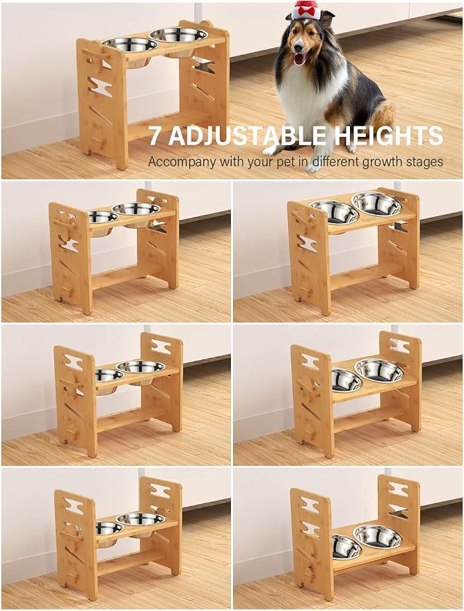 Vantic Elevated Dog Bowls, Raised Dog Bowl Stand Adjustable Medium, Natural | Bamboo Elevated Feeder with 2 Stainless Steel Bowls, Adjustable Height Stand for Medium Dogs - Image 3
