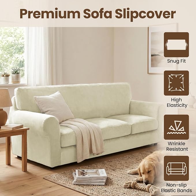 XINEAGE 4-Piece Velvet Sofa Cover,Couch Covers for Dog,Beige | 3 Cushion Sofa,Stretch Non-slip Elastic, Pet-friendly, Washable, Fast Setup, Soft Plush Fabric, Furniture Protector. - Image 2