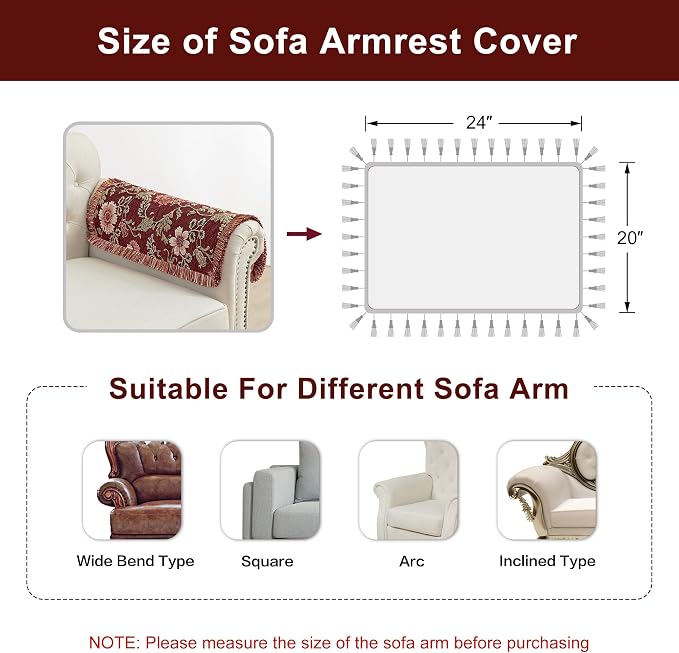 Loom and Mill Vintage Chenille Sofa Arm Covers 2 PCS, Rust Red, 20x24in | Rustic Floral Jacquard Couch Armrest Cover with Fringe Trim, Non-Slip Furniture Protector for Chair Sofa Recliners Couch Dogs - Image 3
