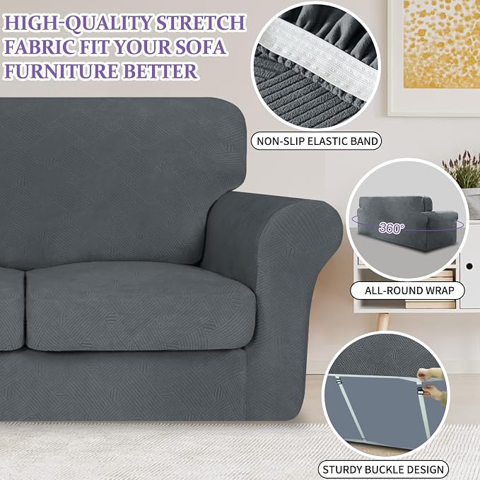 ZNSAYOTX 3 Piece Stretch Sofa Covers (71"-91") for 2 XL Cushion Couch, Thick Striped Sofa Cover with Elastic Band Bottom Ties Non-Slip Stay in Place, Soft Durable Couch Slipcovers (Dark Grey) - Image 5
