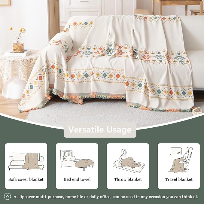 Beige Boho Couch Cover Chenille Sofa Cover Blanket Washable, 71"x150" | Bohemian Style Furniture Protector, For 3 Cushion Couch & Sectional, Living Room Sofa Decor, Geometric Jacquard, Tassel Trim - Image 4
