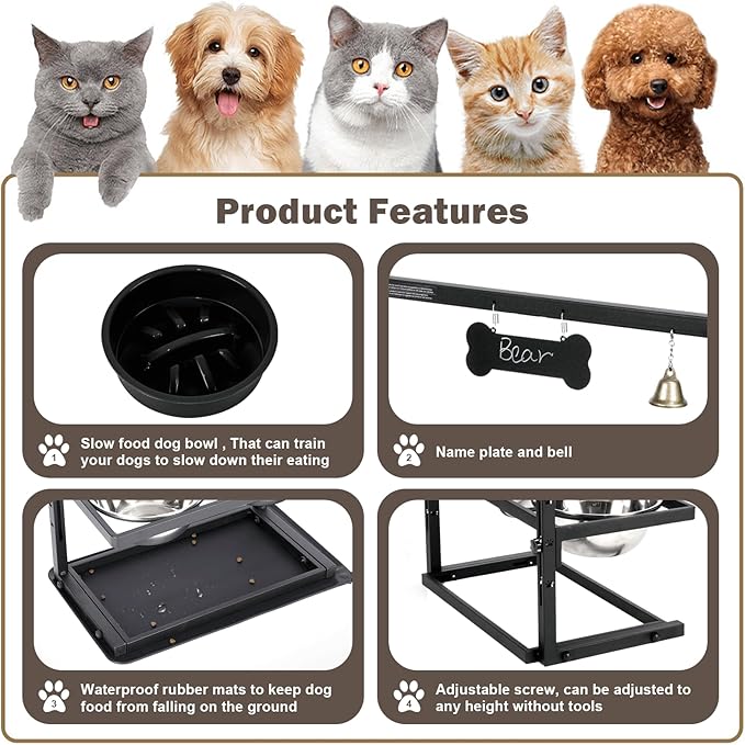 Elevated Dog Bowls with Slow Feeder for Large Dogs – Adjustable Raised Stand with 2 Stainless Steel Bowls & Spill-Proof Mat, Non-Slip Dog Feeder for Large & Medium Dogs (Black) - Image 4