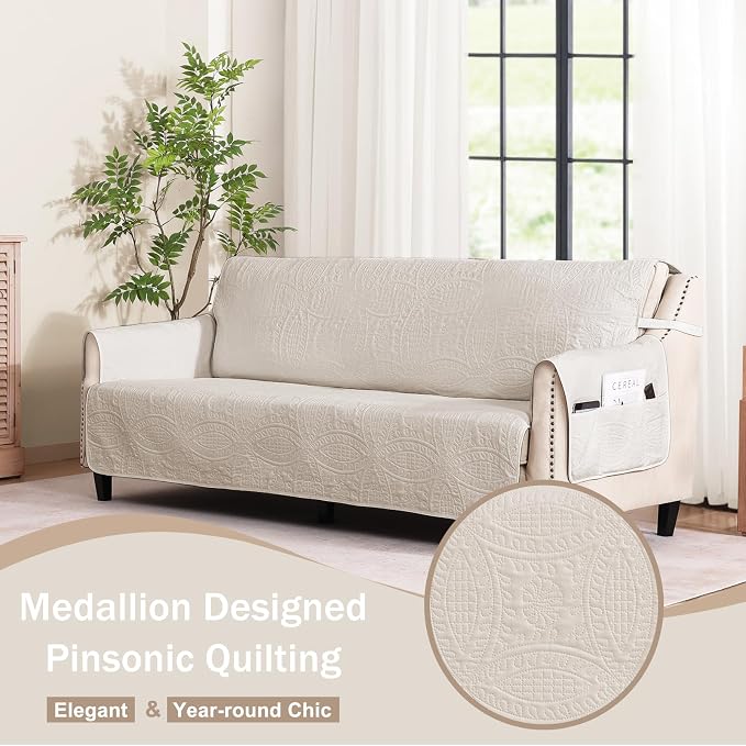 Soft Quilted Couch Cover with Pockets for Extra-Large Sofa, Anti-Slip Sofa Covers Washable for 3 Cushion Pet Friendly, Oversized Sofa Cover Water-Repellent (X-Large Sofa 78", Beige Cream) - Image 2