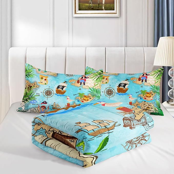 Kids Comforter Set Pirate Ship Printed Pattern Bedding Set with 1 Comforter and 2 Pillowcases for Girls Boys Bedroom All Season(Pirate Ship Queen) - Image 4