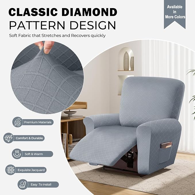 vctops Diamond Recliner Cover 4-Pieces Recliner Stretch Sofa Slipcover 1 Seater Couch Protector Soft Solid Furniture Protector Covers with Elastic Strap (Light Grey,1 Seat) - Image 3