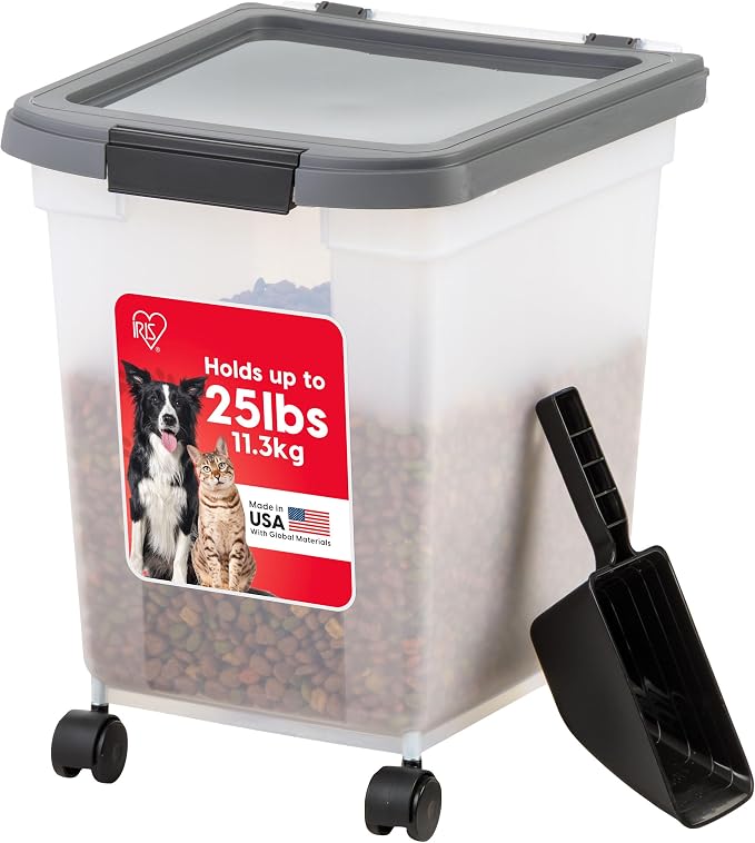 IRIS USA Airtight Dog Food Storage Container 25 lbs, Removable Wheels, for Dog Cat Bird and Other Pets, Food Storage Bin, Keep Fresh, Made in USA, Clear/Dark Gray by IRISUSA