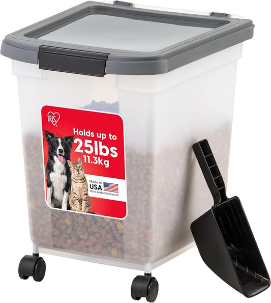 IRIS USA Airtight Dog Food Storage Container 25 lbs, Removable Wheels, for Dog Cat Bird and Other Pets, Food Storage Bin, Keep Fresh, Made in USA, Clear/Dark Gray by IRISUSA