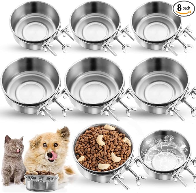 Zubebe 8 Pcs Stainless Steel Hanging Dog Crate Bowls, Non-Spill Kennel Food Water Bowls with Screw Clamp Attach Holders, Removable Mountable Metal Cage Feeder for Pet(41 Oz,19 oz) by Zubebe
