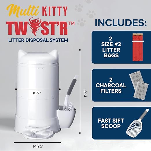 Red Rocket Multi Kitty Twist’R Cat Litter Disposal System, Litter Trash Can | Odor Control, Foot Pedal, Large Capacity, Holds 17 Lbs, Includes 2 Size #2 Odor Blocking Bags, 2 Charcoal Sachets, Scoop - Image 2