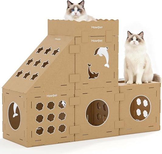 DIY Cardboard Cat House with Scratching Pad, Cat Tower Indoor Play House, Versatile Cardboard Cat Tunnel Box for One or More Pets, Indoor Use Rabbit Hideout Cave Castle Brown, 6 Parts by Mawrpet