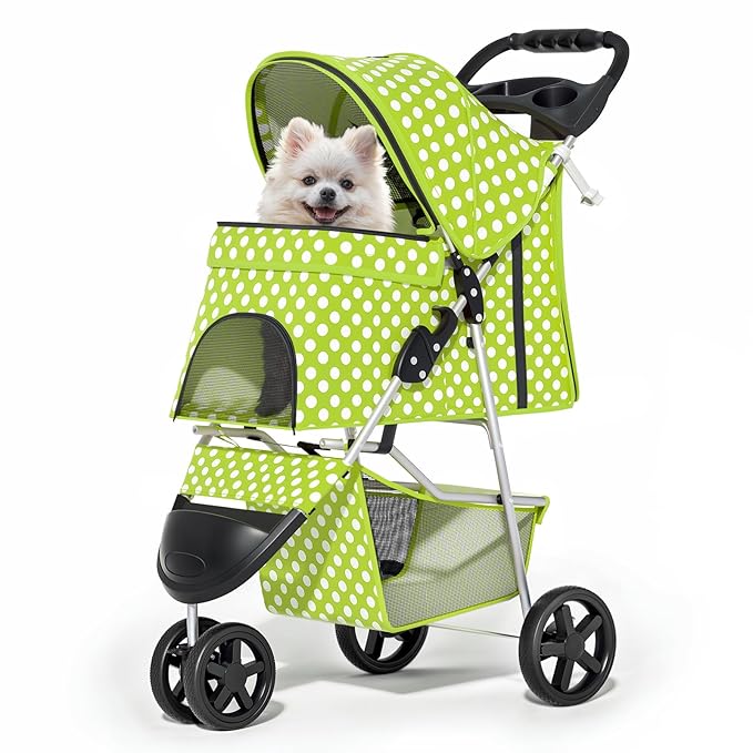 MoNiBloom 3 Wheels Pet Dog Cat Stroller for Small Medium Dogs Cats, Foldable Jogger Stroller w/Storage Basket and Cup Holder, Lawn Green Polka Dots