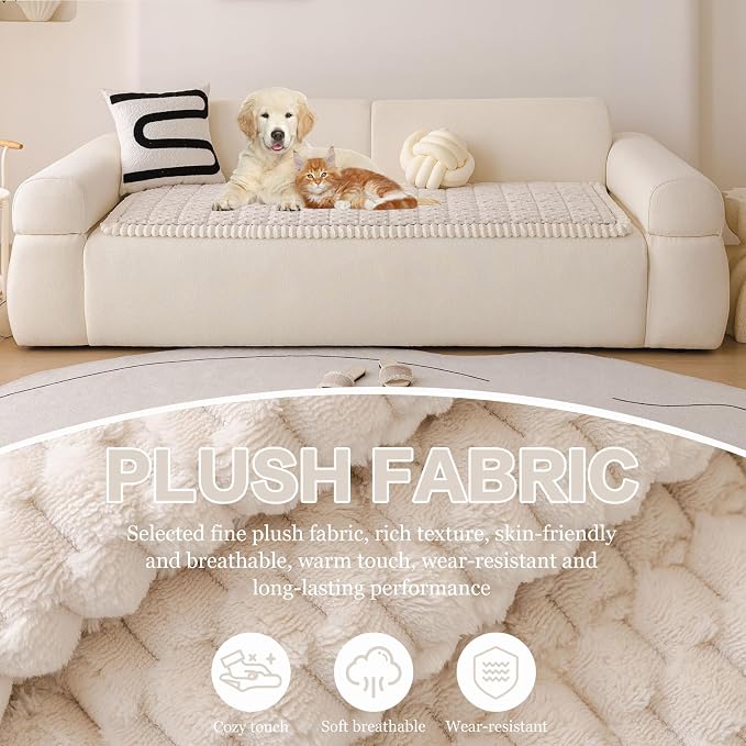 DREAMINGO Pet Couch Cover, Beige, 27.6x59.1 Inch | Non Slip, Fuzzy Plush, Washable, Geometric Jacquard, Cushion Protector - Image 2