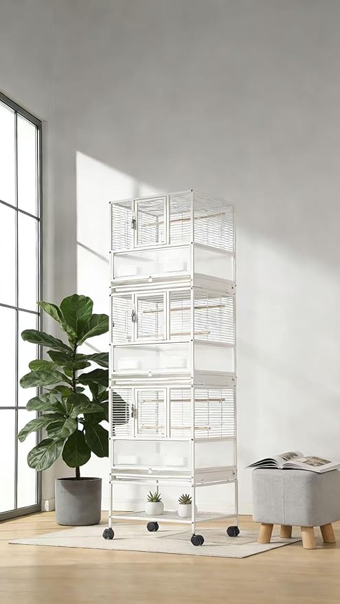 Stackable Breeding Bird Cage with Splash-Proof Baffle, Rolling Stand with Wheels, for Aviaries, Canaries, Cockatiels, Lovebirds, Finches, Budgies, Small Parrots, White. (3F) by Unknown
