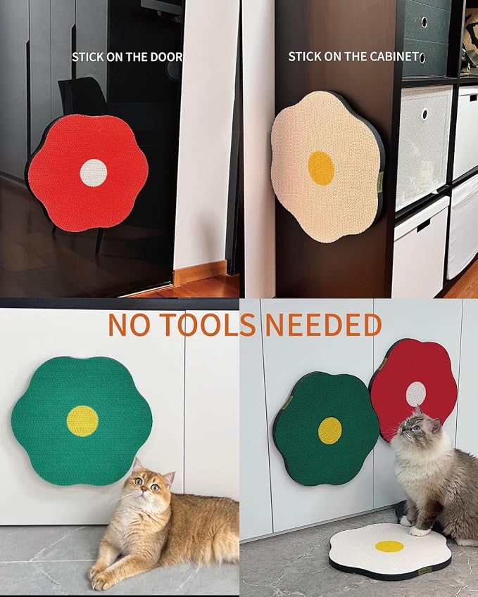 Wall Mount Cat Scratching Pads 3-Pack for Cats - Flower Design in Sunny Egg, Red & Green, Easter Gift for Cat Lovers, Space-Saving Home Decor that Saves Furniture - Image 6