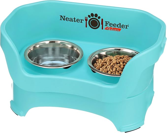 Neater Pet Brands Neater Feeder Deluxe Mess Proof Dog Bowls Elevated for Medium Dogs 19-40 lbs, Made in USA, No Spill Raised Dog Food Bowl Stand Feeding Station, Food and Water Bowl Set, Aquamarine by NeaterPetBrands