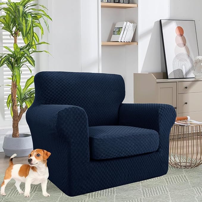 YEMYHOM Latest Checkered 2 Pieces Chair Covers for Living Room High Stretch Thickened Chair Slipcovers with Arms Anti Slip Elastic Armchair Sofa Couch Slipcover Protector (Navy), 31"-46"(1 Cushion) - Image 2