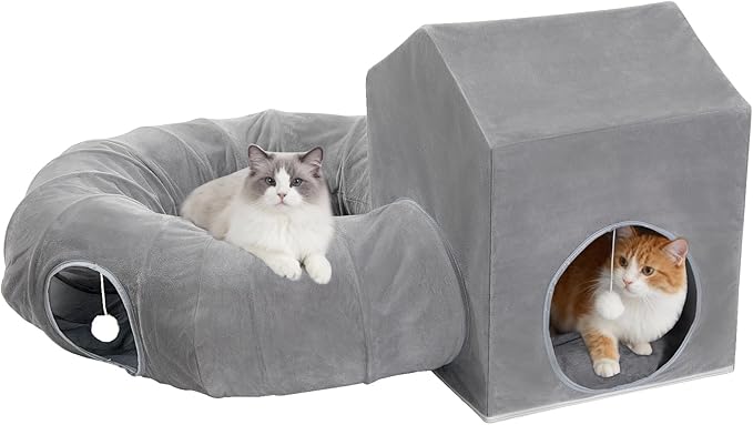 Pawaboo Cat Tunnel Bed for Indoor Cats, Cute Cat Donut Tunnel with Square House, Peekaboo Pet Cave Play Tunnels with Cave for Kitten/Rabbit, Dark Gray by Pawaboo