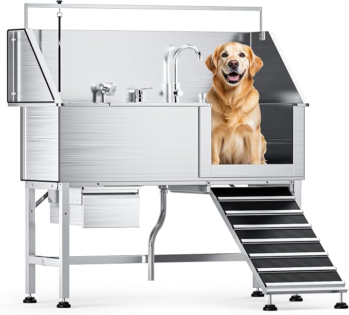56" Professional Dog Washing Station, 304 Stainless Steel Pet Grooming Tub with Removable Ramp, 1.0mm Thick Anti-Rust Bath Tub, Adjustable Height & Detachable Faucet Kit for Dogs & Cats by DYTREND