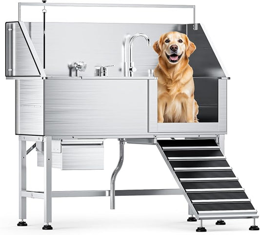 56" Professional Dog Washing Station, 304 Stainless Steel Pet Grooming Tub with Removable Ramp, 1.0mm Thick Anti-Rust Bath Tub, Adjustable Height & Detachable Faucet Kit for Dogs & Cats by DYTREND