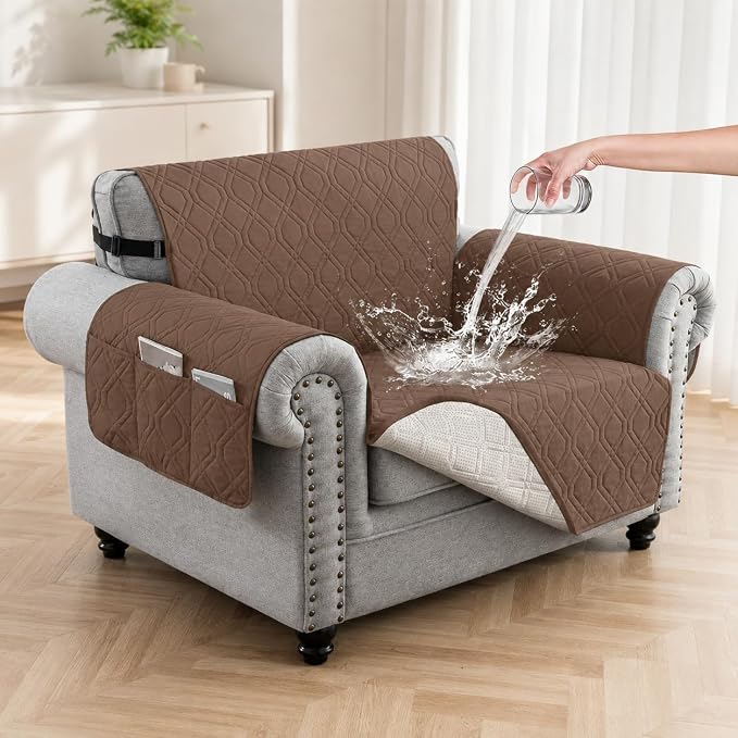 100% Waterproof Quilted Couch Cover,Straps&Pockets,23" Darkbrown | Washable sofa cover, pet-friendly, scratch-resistant furniture protector, quilted sofa cover, reversible, non-slip backing. by Unknown