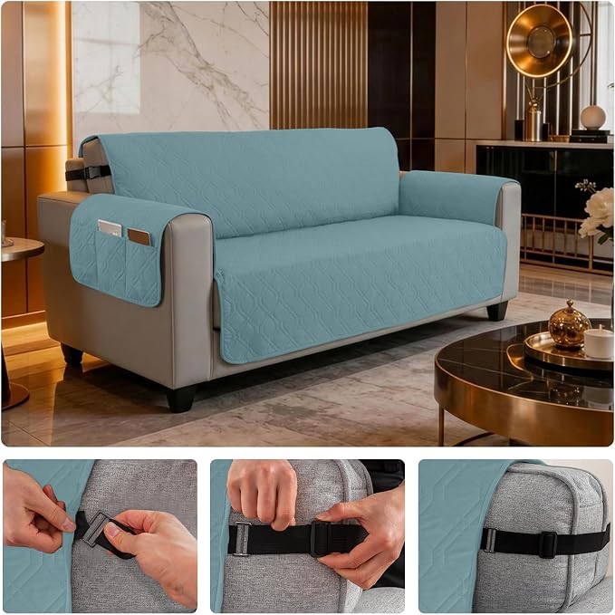 100% Waterproof Quilted Couch Cover,Straps&Pockets,68" Grayishblue | Washable sofa cover, pet-friendly, scratch-resistant furniture protector, quilted sofa cover, reversible, non-slip backing. - Image 6
