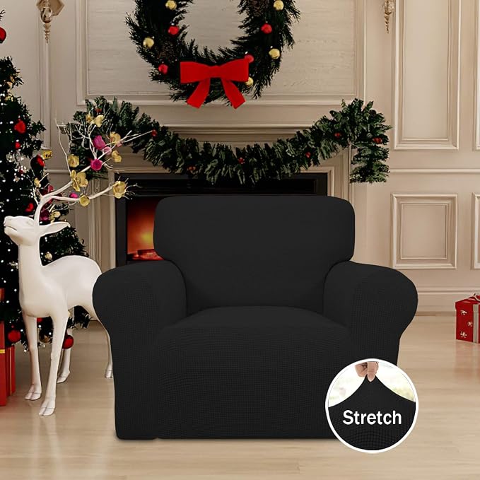 Easy-Going Stretch Chair Slipcover with Arm Washable Black | 1-Piece Couch Sofa Cover Furniture Protector for Living Room Soft with Bottom For Kids, Pet. Spandex Jacquard - Image 2