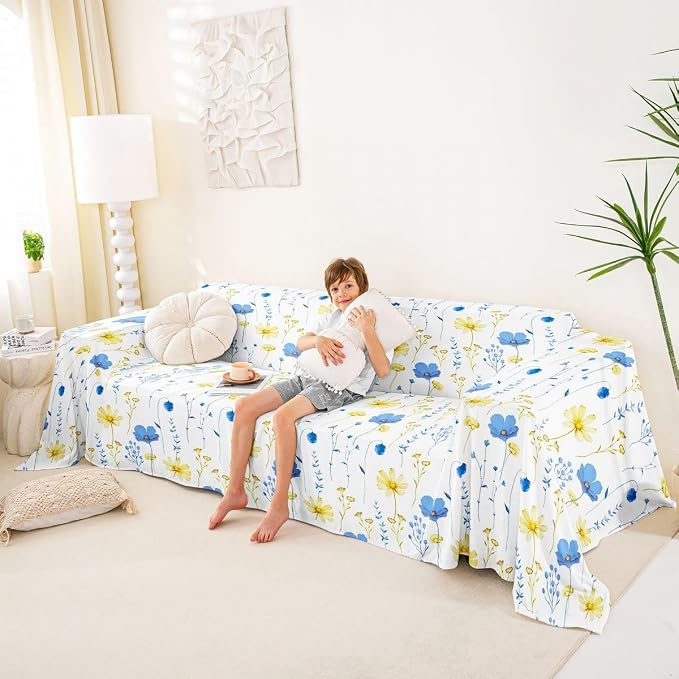 Erosebridal Watercolor Floral Sofa Cover Blue Yellow Flower Couch Cover Modern Minimalist White Sofa Slipcover for Pets, Kids, Dog Rustic Farmhouse Washable Non Slip Couch Protector 71" X 91" - Image 4
