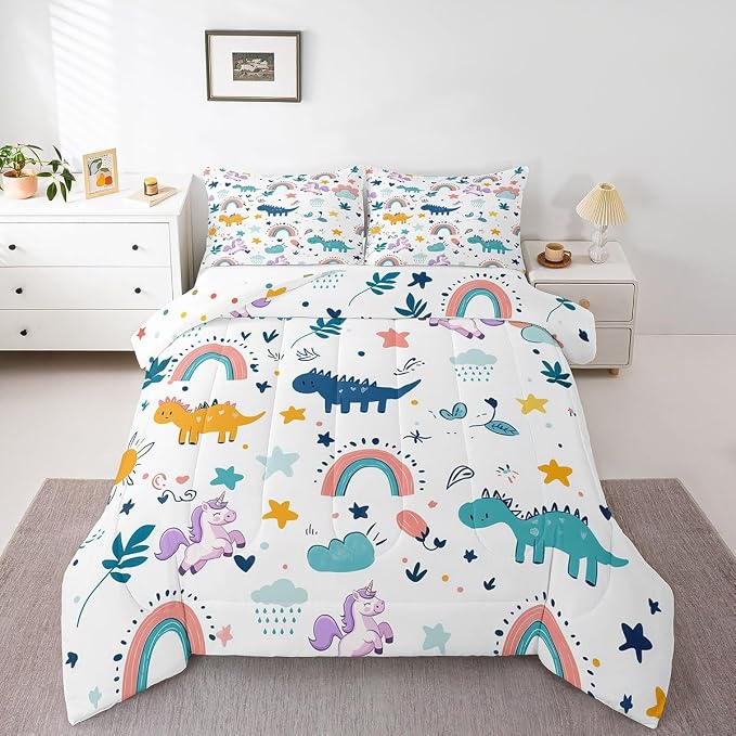 Manfei Cute Dinosaur Unicorn Bedding Set King Size,Cartoon Animal Star Rainbow Comforter Set for Kids Boys Teens Adult Room,Kawaii Flower Leaf Down Comforter Soft Quilt with 2 Pillow Cases - Image 3