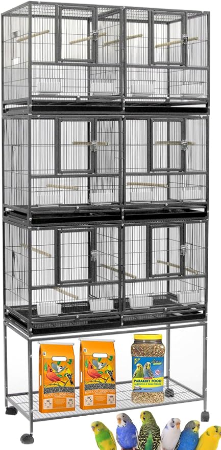 Sturdy Wrought Iron Triple Stack Combo Breeding Stacker Center Divided Breeder Bird Flight Double Rolling Cage with Side Breeding Nest Doors with Rolling Stand Storage Shelf by Mcage