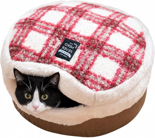 Cat Bed Cave - Enclosed Hideaway with Detachable Lid & Mat for Kitten (Redwhite) | Covered round house, Removable top, Separate liner, Cozy privacy nook, Apartment-friendly shelter, Easy cleaning setup by Urnat