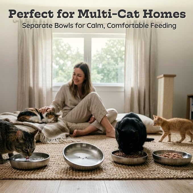 Stainless Steel Cat Food Bowl, 16 oz / 2 Cup Each, Heavy Duty Double Wall Insulated, Shallow Whisker-Friendly Design, Non-Slip Flat Base Dish for Cats & Kittens, D/W Safe (Pack of 4) - Image 3