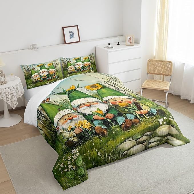 Manfei Cute Gnome Comforter Set Full Size,Daisy Sunflower Floral Bedding Set Kids Boys Men Room Decor,Watercolor Spring Garden Plants Down Comforter Soft Duvet Insert,2 Pillowcases - Image 4