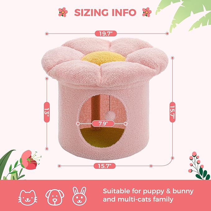 PETEPELA Cat Beds for Indoor Cats, Small Cute Cat Tree House with Removable Flower Cat Bed, Cat Hideaway, Indoor Cat House Condo, Cat Accessories, 20X20X16 Inches, Pink - Image 5