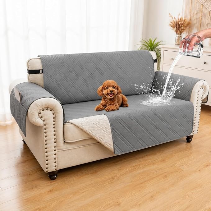 100% Waterproof Couch Cover for Dogs, Anti-Slip Washable Sofa Cover with Elastic Straps & Side Pockets, Durable Furniture Protector for Kids & Pets (Loveseat 46", Newgrey) by Unknown