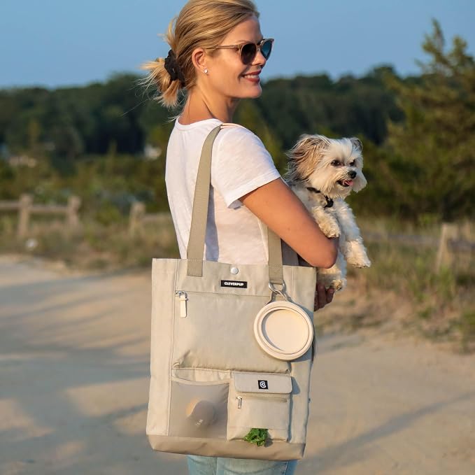 Cleverpup Park Pack 2-Piece Set Dog Gear Tote – Dog Travel Bag with 8 Pockets, Treat Pouch, Poop Bag Dispenser, Quick-Dry Ball Pocket, Collapsible Bowl, Perfect for Walks & Park Trips, Sand - Image 4