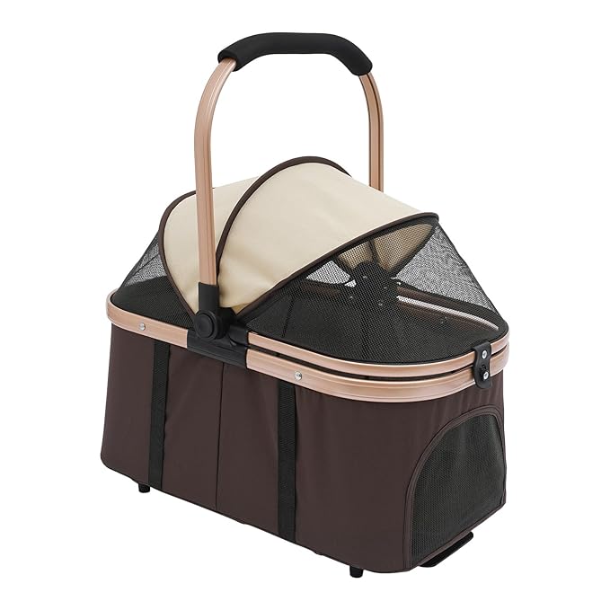 Double Dog Stroller with 4 Wheels, Foldable 3-in-1 Cat Pet Stroller with 2 Detachable Carriers,Reversible Handle, Steel Frame, Safety Belt for Small Medium Dogs Cats(Coffee Color)