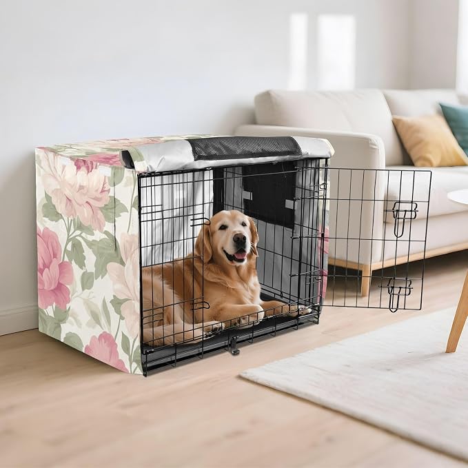 Dog Crate Cover Kennel Cover for Dog Cages Breathable for Wire Cage Indoor Outdoor Peony Flowers Fresh Beige - Image 6