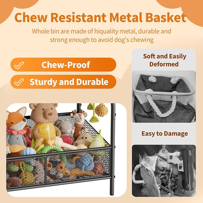 Lomivra Full Metal Dog Toy Basket, 23.6"x11.2"x7.9" Large Dogs Toy Bin with Storage Organizer, Chew-Resistant Toy Box for Dog Stuff Accessories, Pet Toy Storage Holder for Cat Dogs Essential Supplies - Image 3