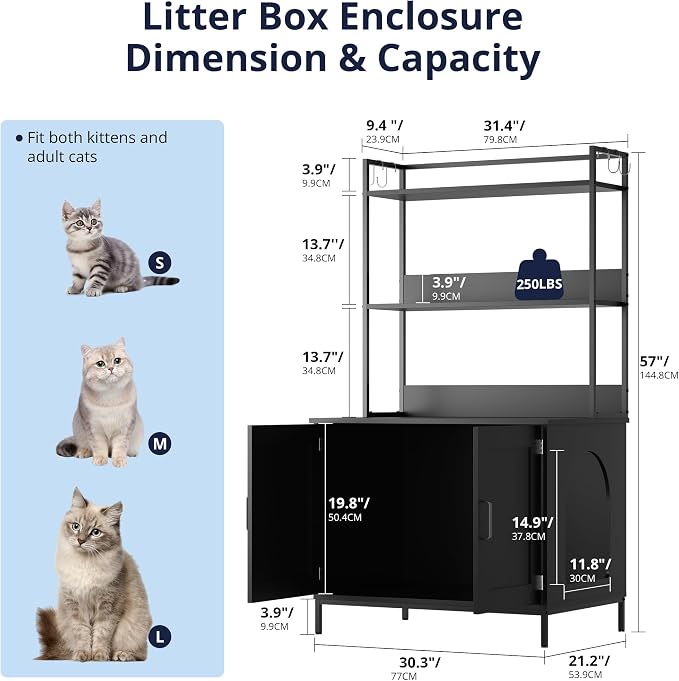 Cozy Castle Cat Litter Box Enclosure with Storage, 57'' Hidden Cat House Furniture, Wooden Cat Cabinet with Shelves & 4 S-Hooks, Indoor Cat Litter Box Organizer, Black - Image 2