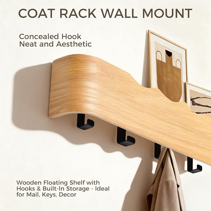 Coat Rack Wall Mount with Shelf Entryway Shelf Modern Key Holder Hanger Wall Shelves with Hidden Hooks for Hanging Towels Coats Hats Bags for Hallway Bathroom Bedroom(Wavy Oak, 5 Hooks) - Image 4