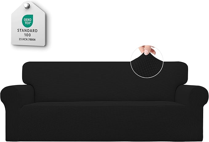 Easy-Going Stretch Couch Covers for Sofa Washable Large Black | 1-Piece Sofa Covers for 3 Cushion Couch Furniture Protector Couch Slipcover Soft with Bottom for Kids Pets by Easy-Going