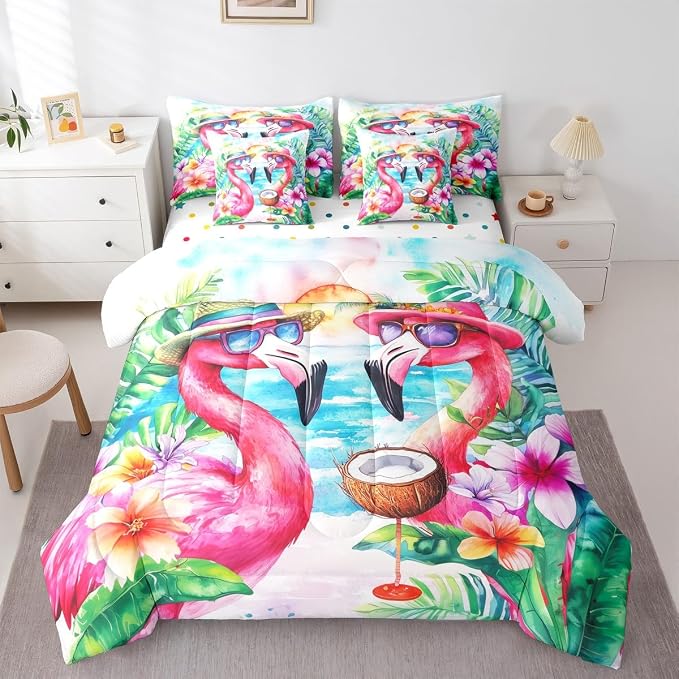 Erosebridal Flamingo Bed in A Bag Twin, Summer Flamingo Comforter Set with Sheets for Kid Boys Girls Adults, Happy Beach Party Decor 7 Pieces Bedding Set, Wildlife Tropical Flowers Bed Sets - Image 3