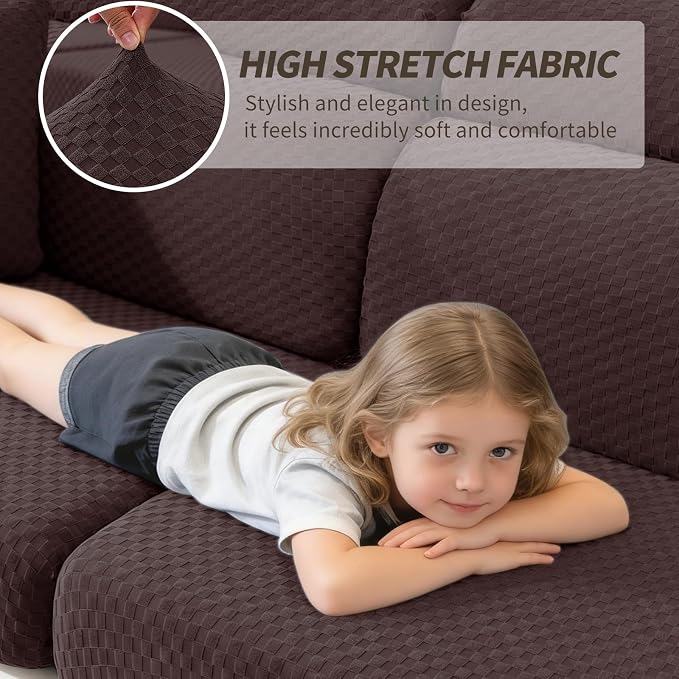 YEMYHOM Couch Cushion Covers for Sofa, Stretch Sectional Couch Seat Cushion Covers Washable Thick Furniture Protector Sofa Slipcovers for Pets (3 Seater + 1 Chaise, Dark Coffee) - Image 3