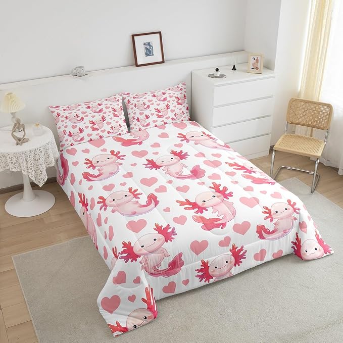 Manfei Cute Axolotl Bed Comforter Set Queen Size,Kawaii Pink Ocean Animal Marine Life Super Soft Microfiber Bedding Set for Adults Teens,Love Hearts Graffiti Kids Girls Comforter Set,2 Pillows - Image 3