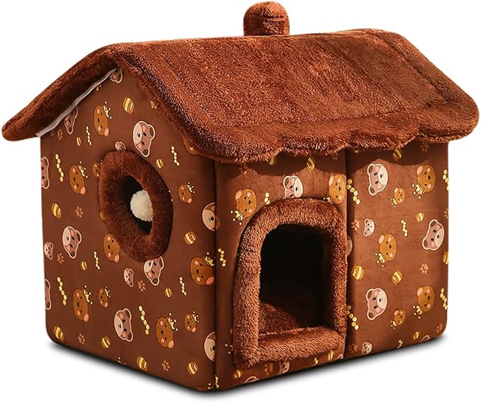 Cat Cave Bed, Portable Cat Bed with Removable Cushion, Small Dog Cave Bed Pet Warm House, Washable Dog Bed, Cat Puppy Igloo Bed(M, Brown Bear) by BOSERMEN