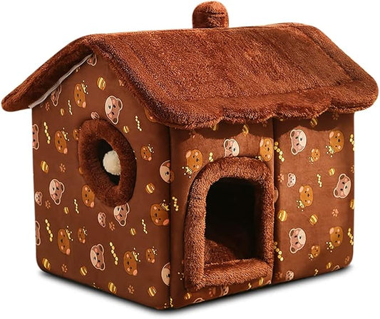 Cat Cave Bed, Portable Cat Bed with Removable Cushion, Small Dog Cave Bed Pet Warm House, Washable Dog Bed, Cat Puppy Igloo Bed(M, Brown Bear) by BOSERMEN