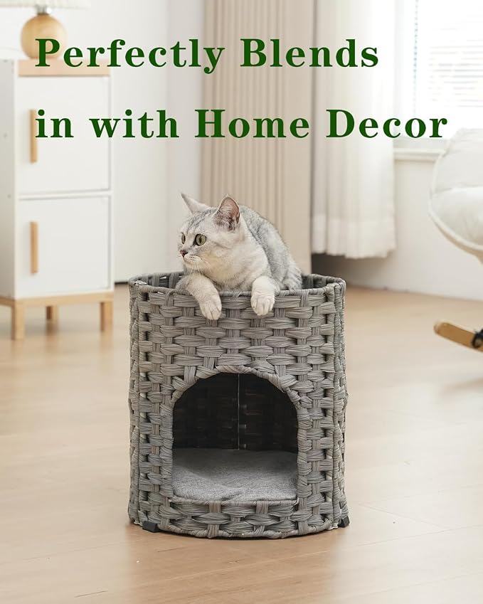 SETVSON Cat House for Indoor Cat, Small Handwoven PE Rattan Cave, Gray | Foldable Pet Kitten Bed Covered, Comfortable Double-Sided Cushion, 13x13x13.7 Inches, Quick 5-Minute Assembly - Image 7