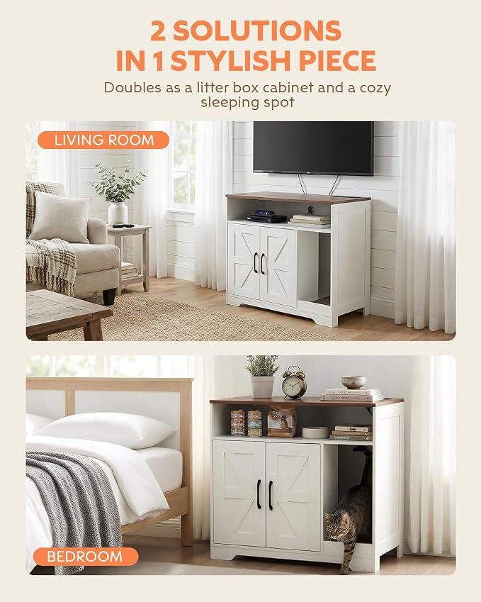 Cat Litter Box Enclosure, Hidden Litter Box Furniture with Charging Station, Cat Cabinet with Scratch Pad & 2-Tier Storage, Farmhouse Indoor Cat House Living Room End Table Hallway, White - Image 4