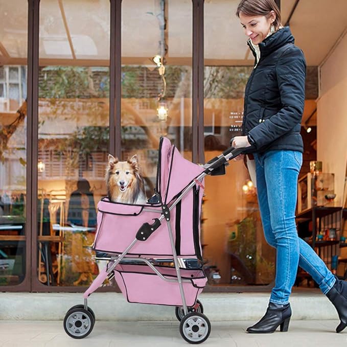 BestPet 3 Wheels Pet Dog Stroller Cat Cage for Medium Small Dogs Cats Travel Folding Carrier Waterproof Puppy Stroller with Cup Holder & Removable Liner,Pink